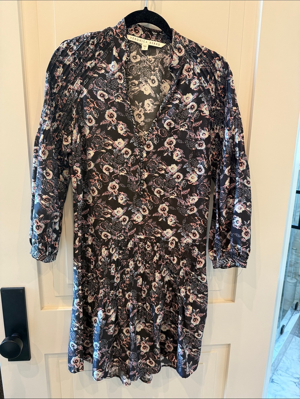 Veronica Beard Black Floral Button-Front Long Sleeve Dress